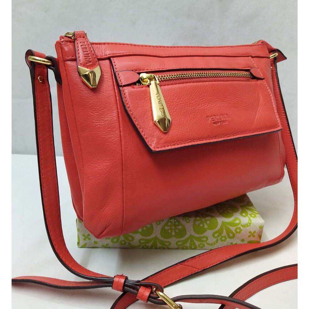 Perlina Orange Leather Pockets Zipper Closure Crossbody Bag